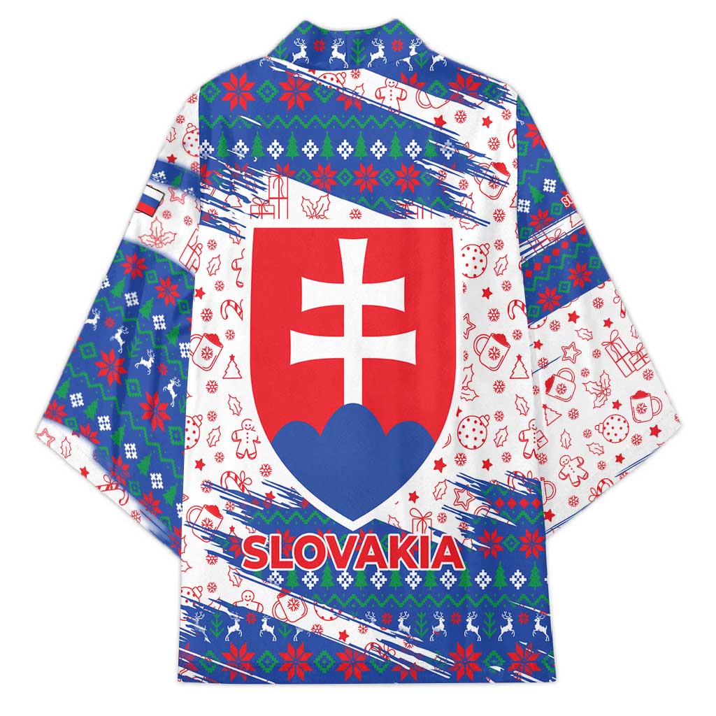 Slovakia Christmas Kimono with Bear Holding Tree Gingerbread Cookies and Red Blue Snowflake Pattern Design - Wonder Print Shop