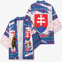Slovakia Christmas Kimono with Bear Holding Tree Gingerbread Cookies and Red Blue Snowflake Pattern Design - Wonder Print Shop
