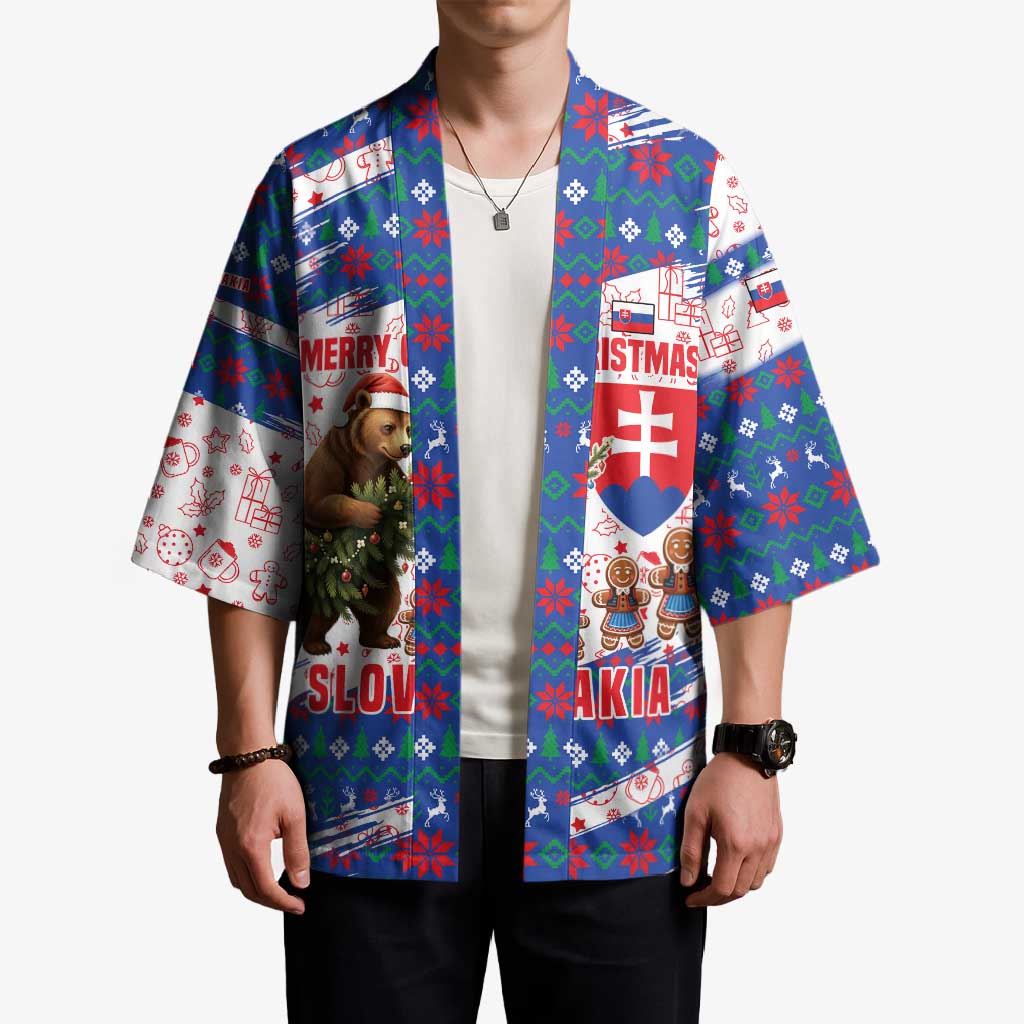 Slovakia Christmas Kimono with Bear Holding Tree Gingerbread Cookies and Red Blue Snowflake Pattern Design - Wonder Print Shop