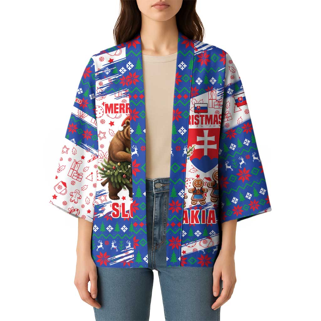 Slovakia Christmas Kimono with Bear Holding Tree Gingerbread Cookies and Red Blue Snowflake Pattern Design - Wonder Print Shop