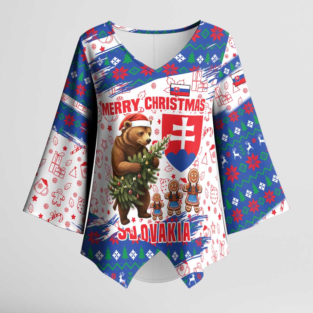 Slovakia Christmas Kimono Sleeve Blouse with Bear Holding Tree Gingerbread Cookies and Red Blue Snowflake Pattern Design - Wonder Print Shop