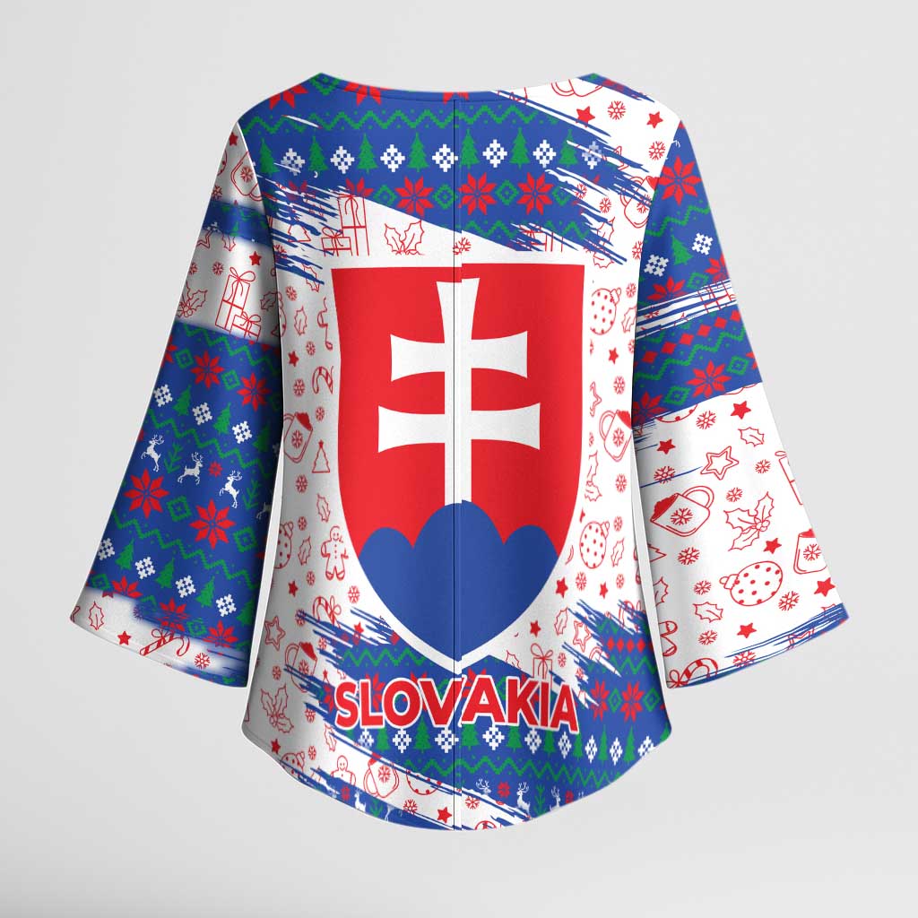 Slovakia Christmas Kimono Sleeve Blouse with Bear Holding Tree Gingerbread Cookies and Red Blue Snowflake Pattern Design - Wonder Print Shop