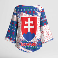 Slovakia Christmas Kimono Sleeve Blouse with Bear Holding Tree Gingerbread Cookies and Red Blue Snowflake Pattern Design - Wonder Print Shop