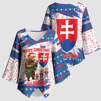Slovakia Christmas Kimono Sleeve Blouse with Bear Holding Tree Gingerbread Cookies and Red Blue Snowflake Pattern Design - Wonder Print Shop