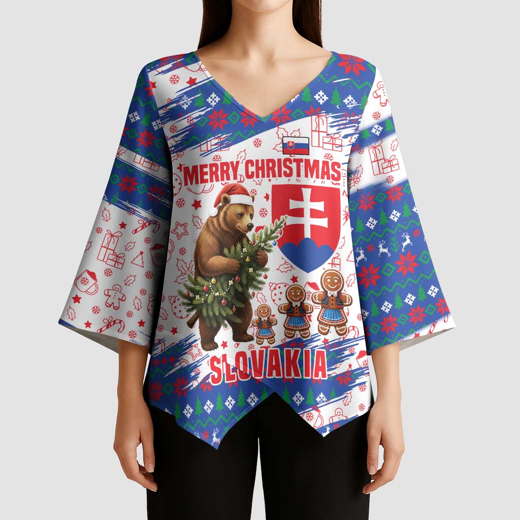 Slovakia Christmas Kimono Sleeve Blouse with Bear Holding Tree Gingerbread Cookies and Red Blue Snowflake Pattern Design - Wonder Print Shop