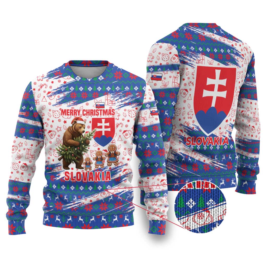 Slovakia Christmas Ugly Christmas Sweater with Bear Holding Tree Gingerbread Cookies and Red Blue Snowflake Pattern Design - Wonder Print Shop