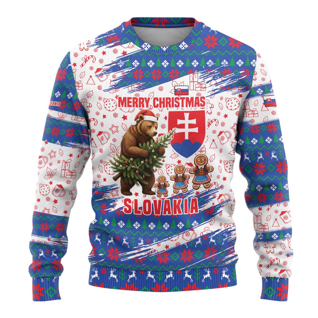 Slovakia Christmas Ugly Christmas Sweater with Bear Holding Tree Gingerbread Cookies and Red Blue Snowflake Pattern Design - Wonder Print Shop