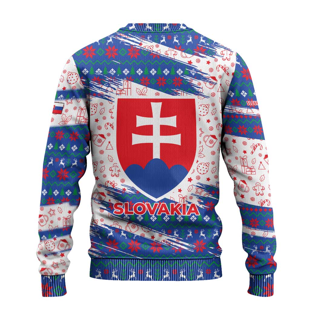 Slovakia Christmas Ugly Christmas Sweater with Bear Holding Tree Gingerbread Cookies and Red Blue Snowflake Pattern Design - Wonder Print Shop