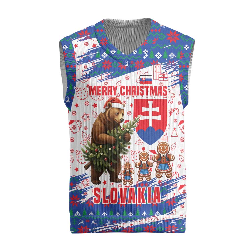 Slovakia Christmas Knitted V-Neck Vest with Bear Holding Tree Gingerbread Cookies and Red Blue Snowflake Pattern Design - Wonder Print Shop