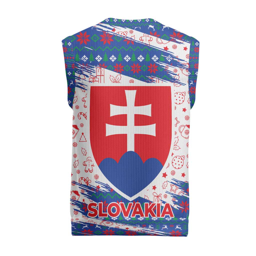 Slovakia Christmas Knitted V-Neck Vest with Bear Holding Tree Gingerbread Cookies and Red Blue Snowflake Pattern Design - Wonder Print Shop