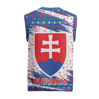 Slovakia Christmas Knitted V-Neck Vest with Bear Holding Tree Gingerbread Cookies and Red Blue Snowflake Pattern Design - Wonder Print Shop