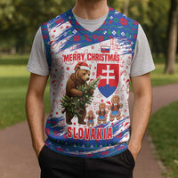 Slovakia Christmas Knitted V-Neck Vest with Bear Holding Tree Gingerbread Cookies and Red Blue Snowflake Pattern Design - Wonder Print Shop