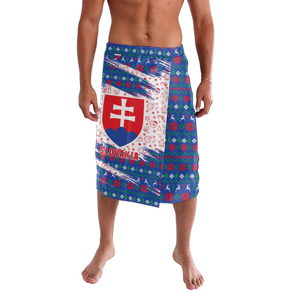 Slovakia Christmas Lavalava with Bear Holding Tree Gingerbread Cookies and Red Blue Snowflake Pattern Design - Wonder Print Shop
