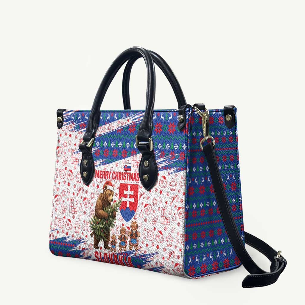 Slovakia Christmas Leather Bag with Bear Holding Tree Gingerbread Cookies and Red Blue Snowflake Pattern Design - Wonder Print Shop
