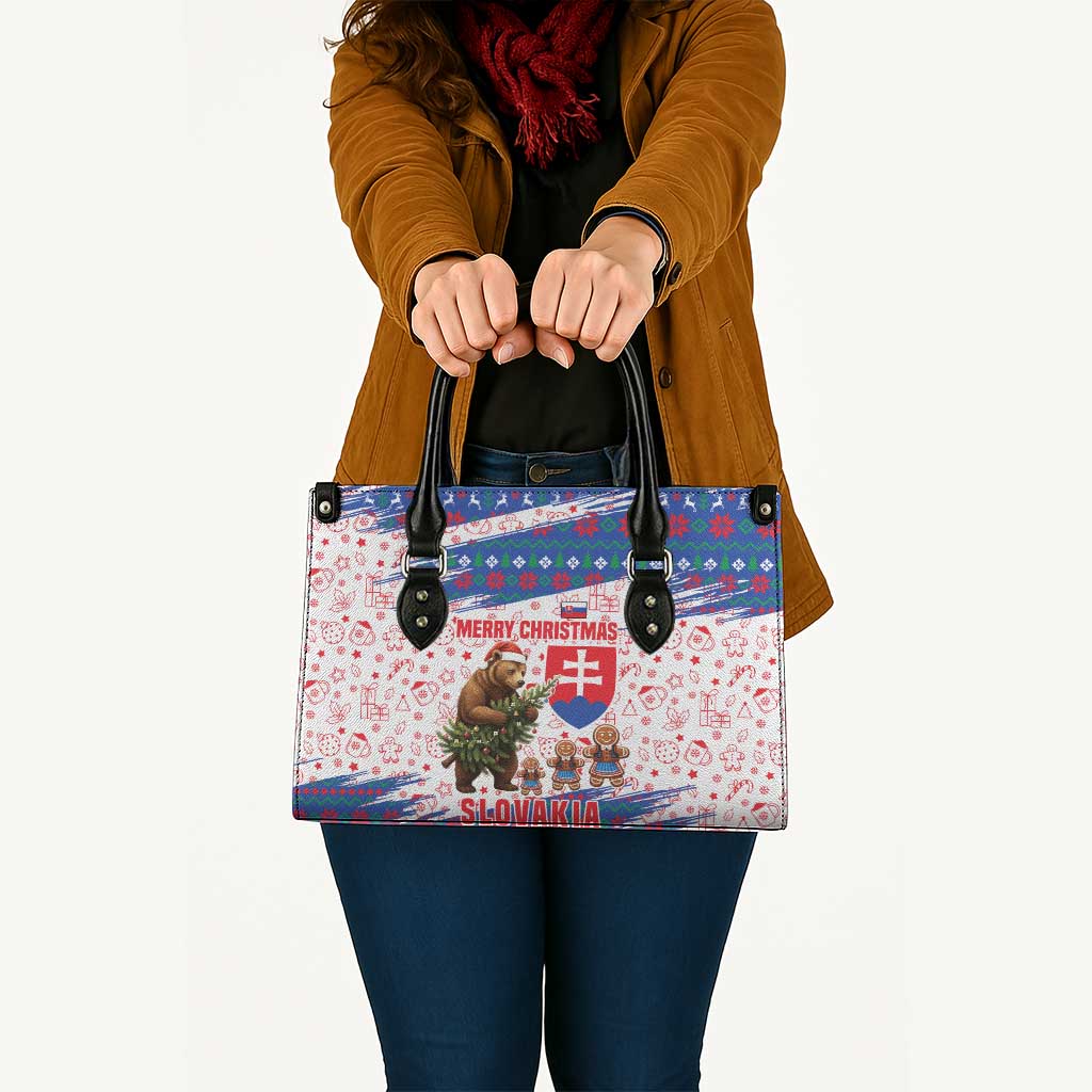 Slovakia Christmas Leather Bag with Bear Holding Tree Gingerbread Cookies and Red Blue Snowflake Pattern Design - Wonder Print Shop