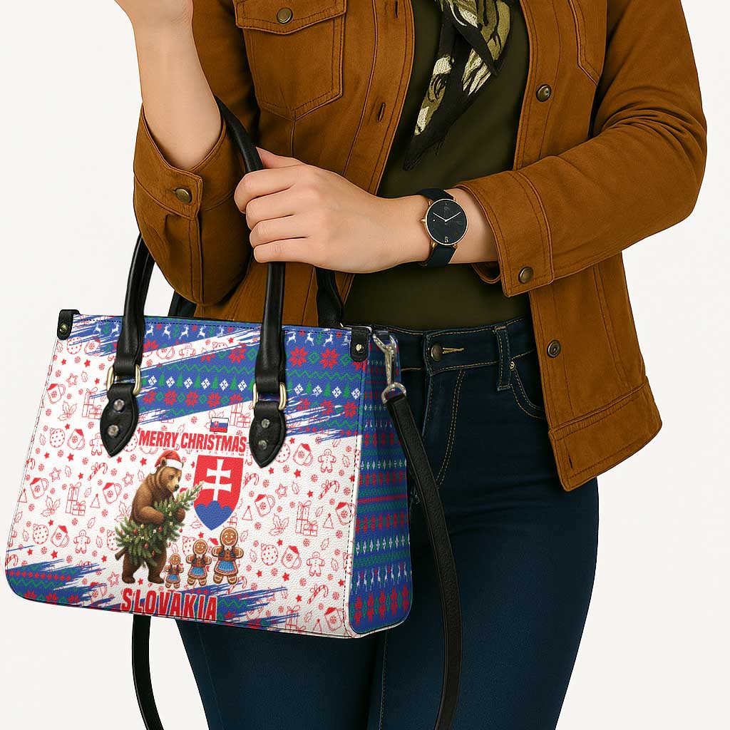Slovakia Christmas Leather Bag with Bear Holding Tree Gingerbread Cookies and Red Blue Snowflake Pattern Design - Wonder Print Shop