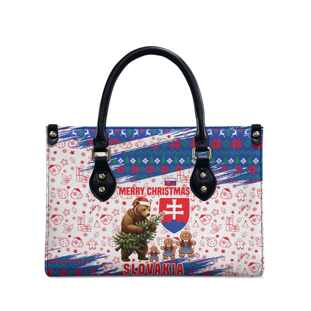 Slovakia Christmas Leather Bag with Bear Holding Tree Gingerbread Cookies and Red Blue Snowflake Pattern Design - Wonder Print Shop