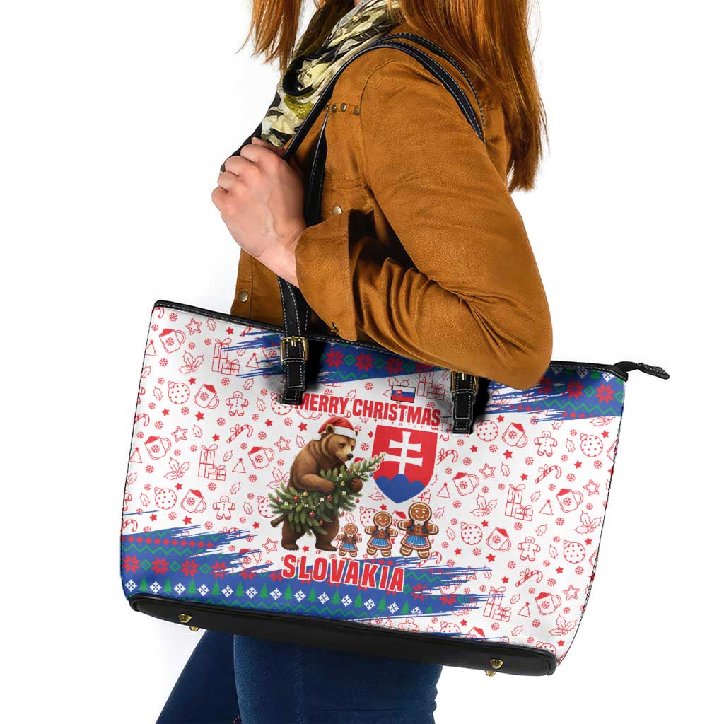 Slovakia Christmas Leather Tote Bag with Bear Holding Tree Gingerbread Cookies and Red Blue Snowflake Pattern Design - Wonder Print Shop