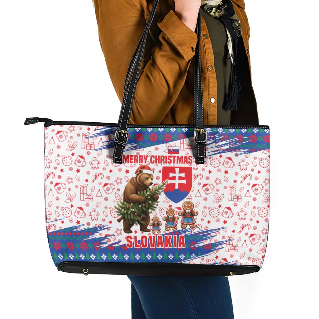Slovakia Christmas Leather Tote Bag with Bear Holding Tree Gingerbread Cookies and Red Blue Snowflake Pattern Design - Wonder Print Shop