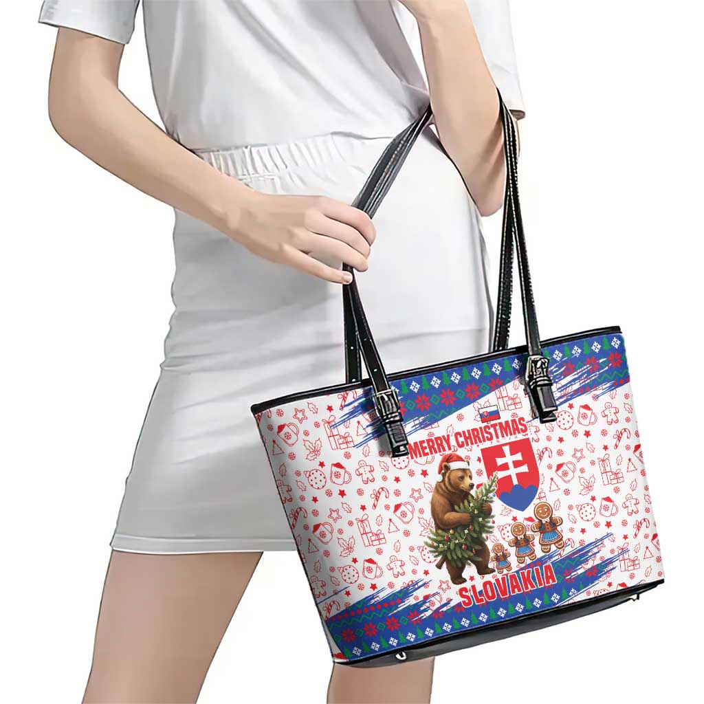 Slovakia Christmas Leather Tote Bag with Bear Holding Tree Gingerbread Cookies and Red Blue Snowflake Pattern Design - Wonder Print Shop