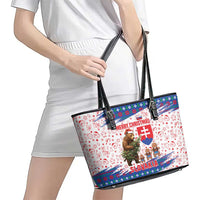 Slovakia Christmas Leather Tote Bag with Bear Holding Tree Gingerbread Cookies and Red Blue Snowflake Pattern Design - Wonder Print Shop
