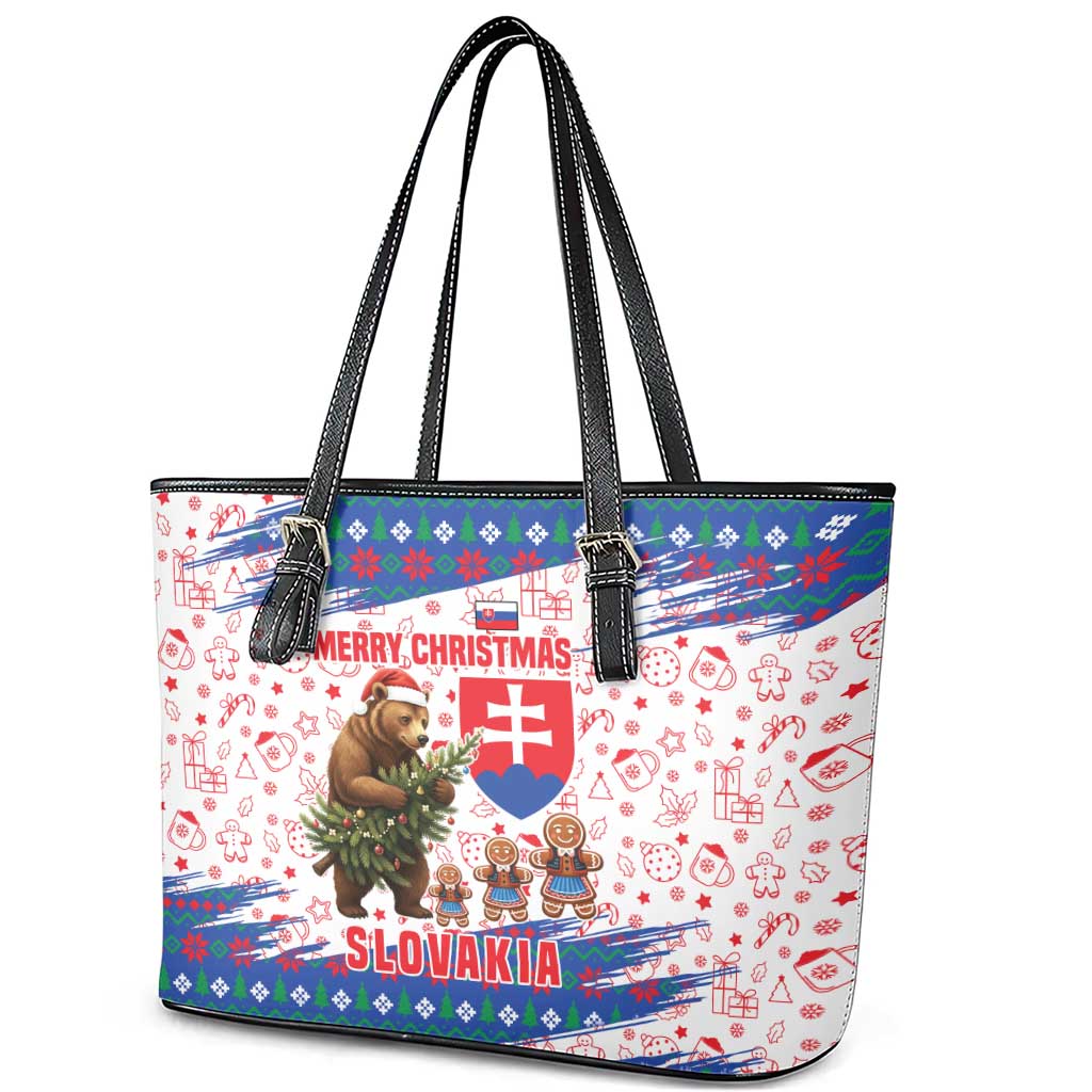 Slovakia Christmas Leather Tote Bag with Bear Holding Tree Gingerbread Cookies and Red Blue Snowflake Pattern Design - Wonder Print Shop