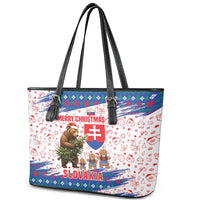 Slovakia Christmas Leather Tote Bag with Bear Holding Tree Gingerbread Cookies and Red Blue Snowflake Pattern Design - Wonder Print Shop
