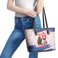 Slovakia Christmas Leather Tote Bag with Bear Holding Tree Gingerbread Cookies and Red Blue Snowflake Pattern Design - Wonder Print Shop
