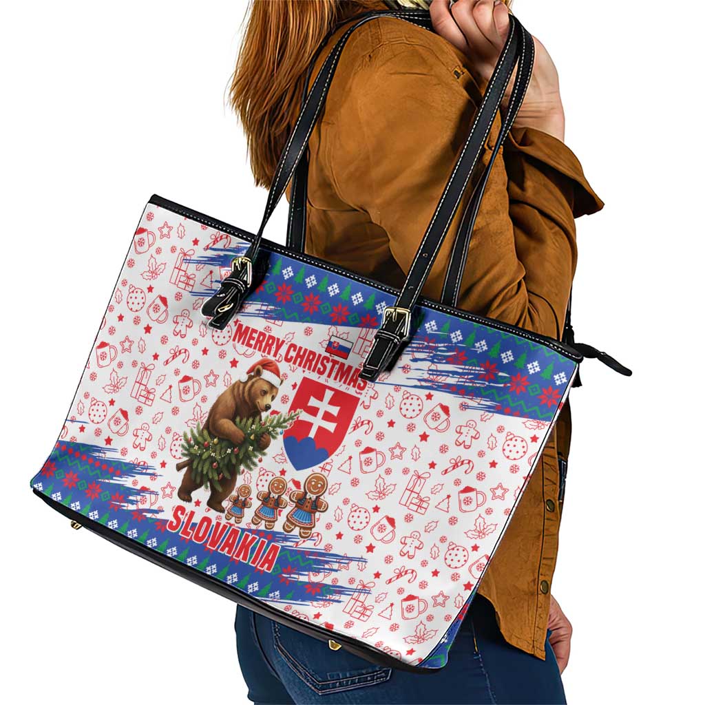 Slovakia Christmas Leather Tote Bag with Bear Holding Tree Gingerbread Cookies and Red Blue Snowflake Pattern Design - Wonder Print Shop
