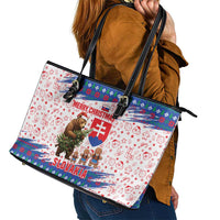 Slovakia Christmas Leather Tote Bag with Bear Holding Tree Gingerbread Cookies and Red Blue Snowflake Pattern Design - Wonder Print Shop