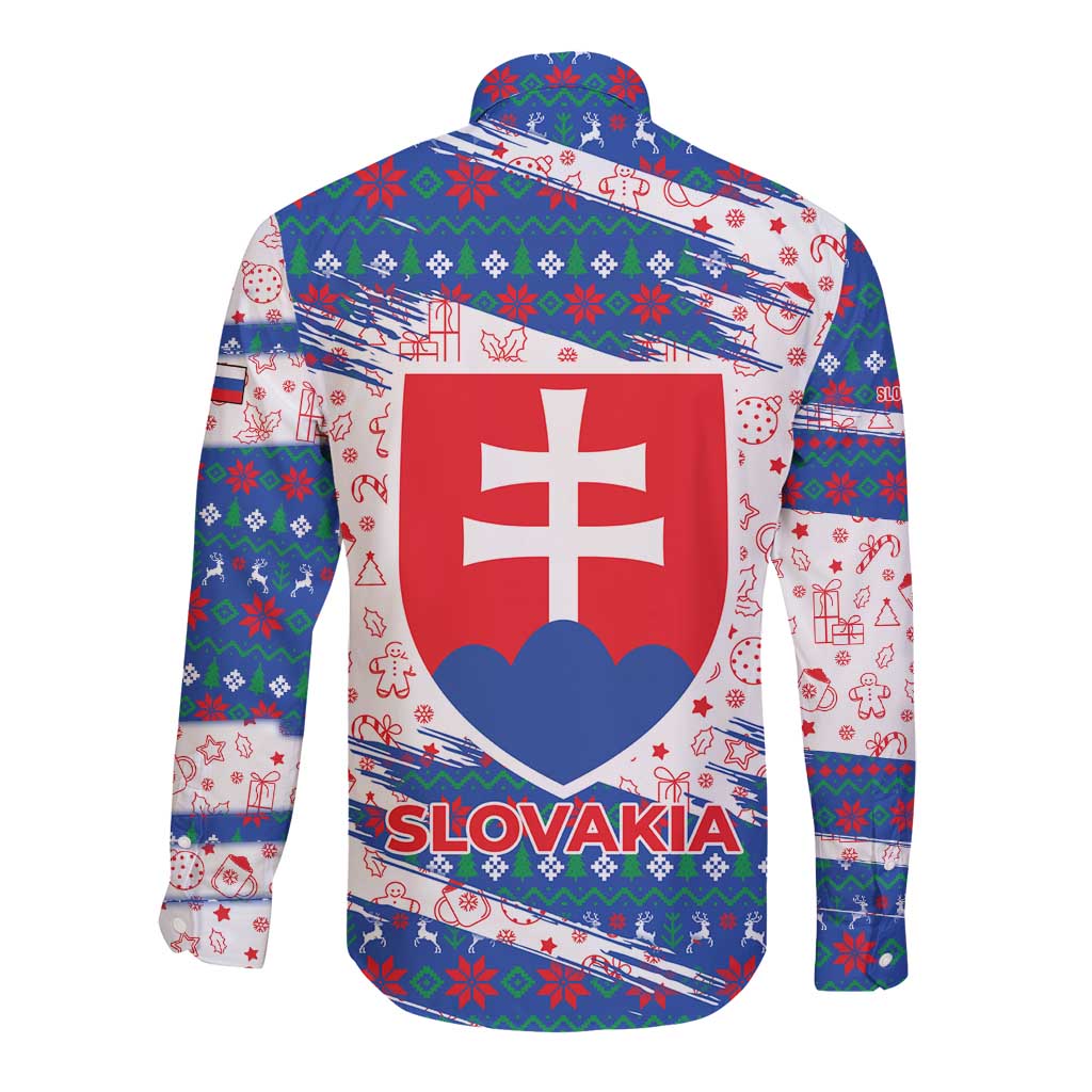 Slovakia Christmas Long Sleeve Button Shirt with Bear Holding Tree Gingerbread Cookies and Red Blue Snowflake Pattern Design - Wonder Print Shop