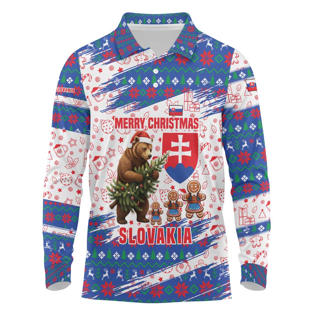 Slovakia Christmas Long Sleeve Polo Shirt with Bear Holding Tree Gingerbread Cookies and Red Blue Snowflake Pattern Design - Wonder Print Shop