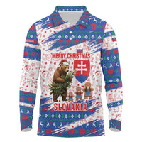 Slovakia Christmas Long Sleeve Polo Shirt with Bear Holding Tree Gingerbread Cookies and Red Blue Snowflake Pattern Design - Wonder Print Shop