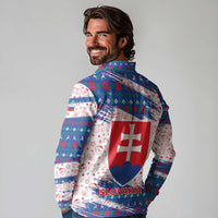 Slovakia Christmas Long Sleeve Polo Shirt with Bear Holding Tree Gingerbread Cookies and Red Blue Snowflake Pattern Design - Wonder Print Shop