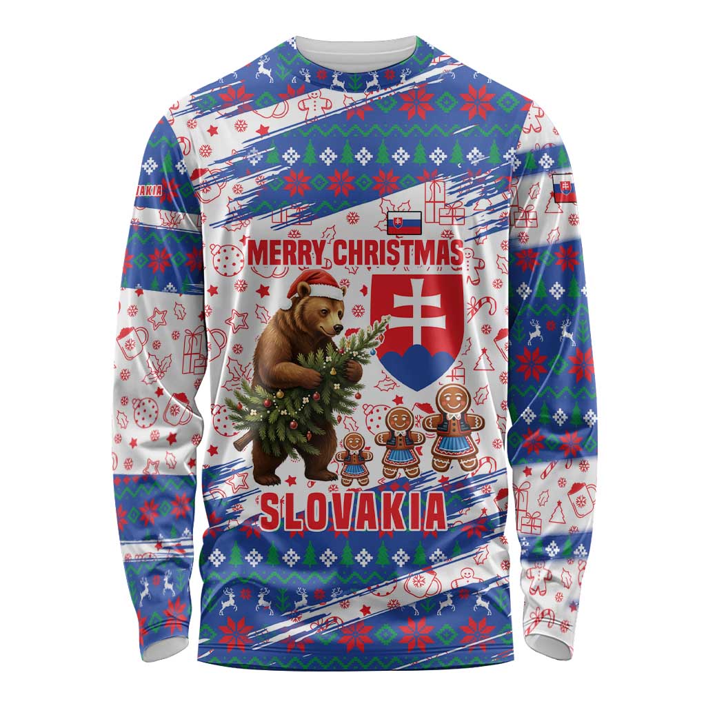 Slovakia Christmas Long Sleeve Shirt with Bear Holding Tree Gingerbread Cookies and Red Blue Snowflake Pattern Design - Wonder Print Shop