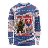 Slovakia Christmas Long Sleeve Shirt with Bear Holding Tree Gingerbread Cookies and Red Blue Snowflake Pattern Design - Wonder Print Shop