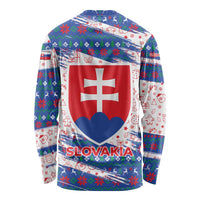 Slovakia Christmas Long Sleeve Shirt with Bear Holding Tree Gingerbread Cookies and Red Blue Snowflake Pattern Design - Wonder Print Shop