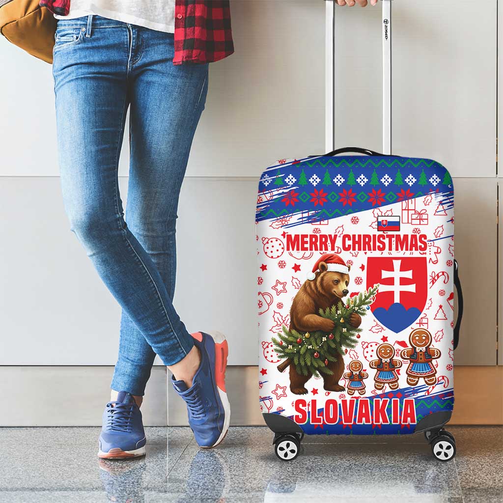 Slovakia Christmas Luggage Cover with Bear Holding Tree Gingerbread Cookies and Red Blue Snowflake Pattern Design - Wonder Print Shop