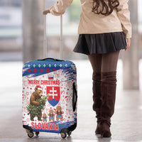 Slovakia Christmas Luggage Cover with Bear Holding Tree Gingerbread Cookies and Red Blue Snowflake Pattern Design - Wonder Print Shop