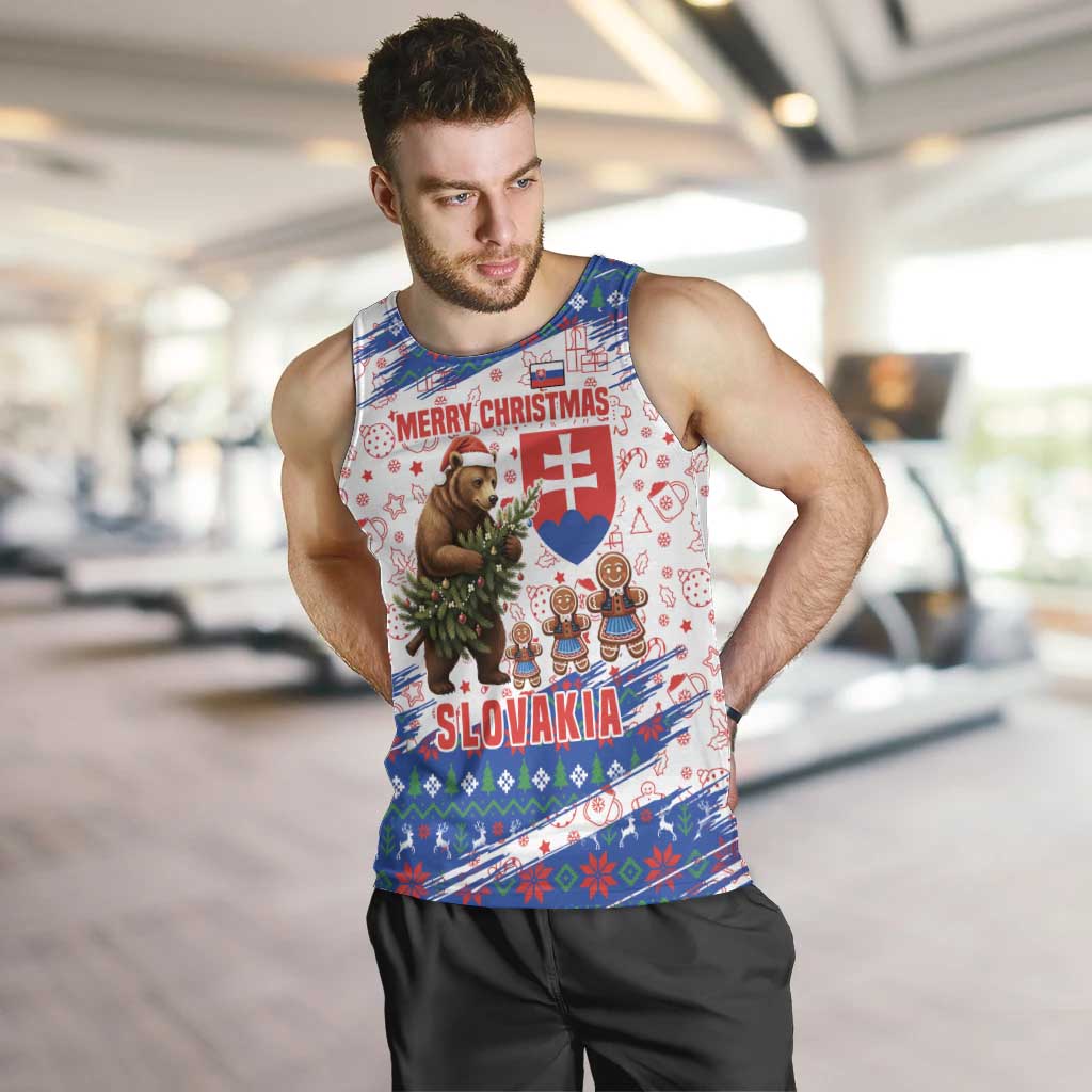 Slovakia Christmas Men Tank Top with Bear Holding Tree Gingerbread Cookies and Red Blue Snowflake Pattern Design - Wonder Print Shop
