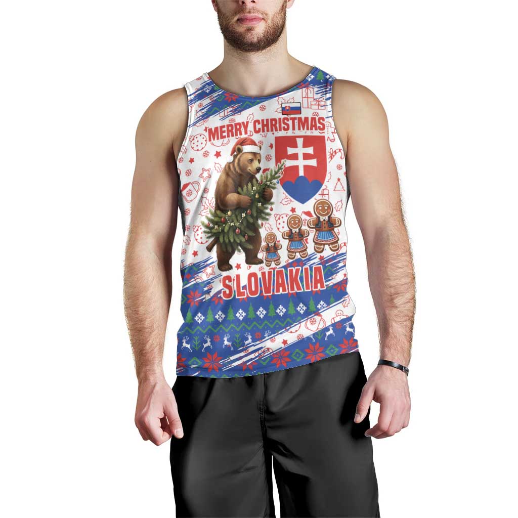 Slovakia Christmas Men Tank Top with Bear Holding Tree Gingerbread Cookies and Red Blue Snowflake Pattern Design - Wonder Print Shop