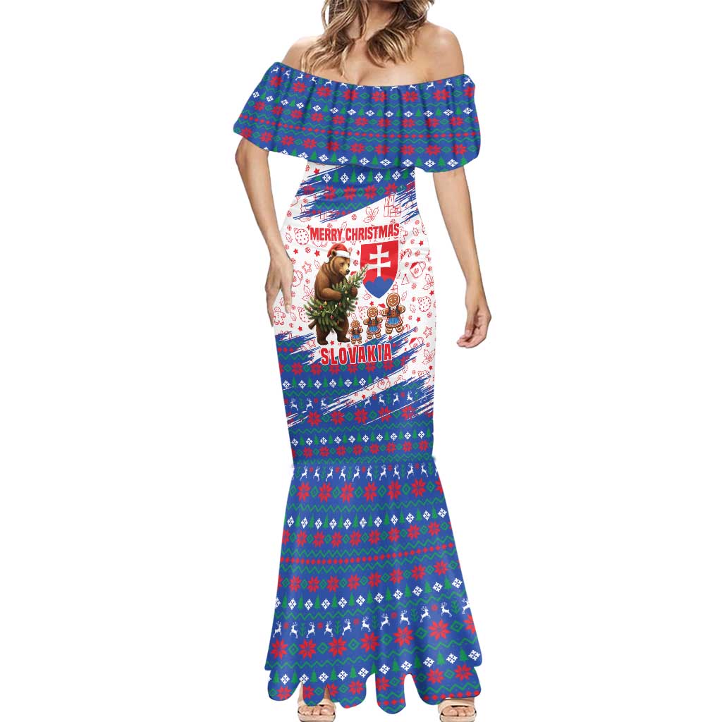 Slovakia Christmas Mermaid Dress with Bear Holding Tree Gingerbread Cookies and Red Blue Snowflake Pattern Design - Wonder Print Shop