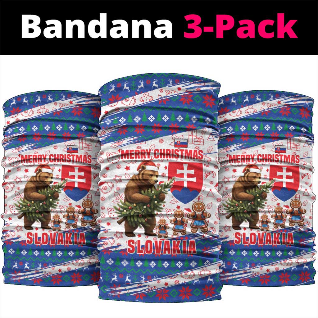 Slovakia Christmas Neck Gaiter with Bear Holding Tree Gingerbread Cookies and Red Blue Snowflake Pattern Design - Wonder Print Shop