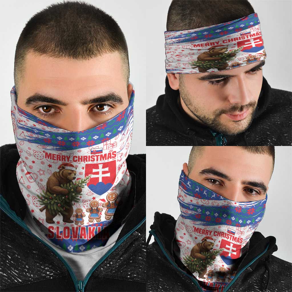 Slovakia Christmas Neck Gaiter with Bear Holding Tree Gingerbread Cookies and Red Blue Snowflake Pattern Design - Wonder Print Shop