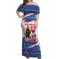 Slovakia Christmas Off Shoulder Maxi Dress with Bear Holding Tree Gingerbread Cookies and Red Blue Snowflake Pattern Design - Wonder Print Shop