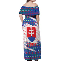 Slovakia Christmas Off Shoulder Maxi Dress with Bear Holding Tree Gingerbread Cookies and Red Blue Snowflake Pattern Design - Wonder Print Shop