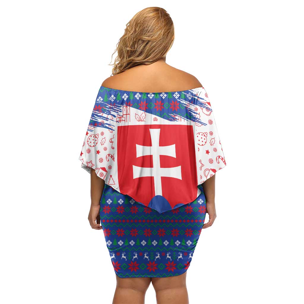 Slovakia Christmas Off Shoulder Short Dress with Bear Holding Tree Gingerbread Cookies and Red Blue Snowflake Pattern Design - Wonder Print Shop