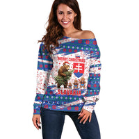 Slovakia Christmas Off Shoulder Sweater with Bear Holding Tree Gingerbread Cookies and Red Blue Snowflake Pattern Design - Wonder Print Shop