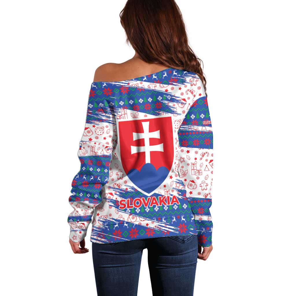 Slovakia Christmas Off Shoulder Sweater with Bear Holding Tree Gingerbread Cookies and Red Blue Snowflake Pattern Design - Wonder Print Shop