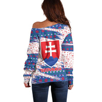 Slovakia Christmas Off Shoulder Sweater with Bear Holding Tree Gingerbread Cookies and Red Blue Snowflake Pattern Design - Wonder Print Shop